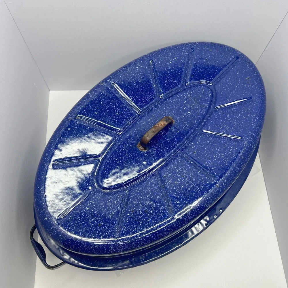 Antique Blue Speckled Enamelware Roasting Pan High Dome Lid Deep Form Farmhouse